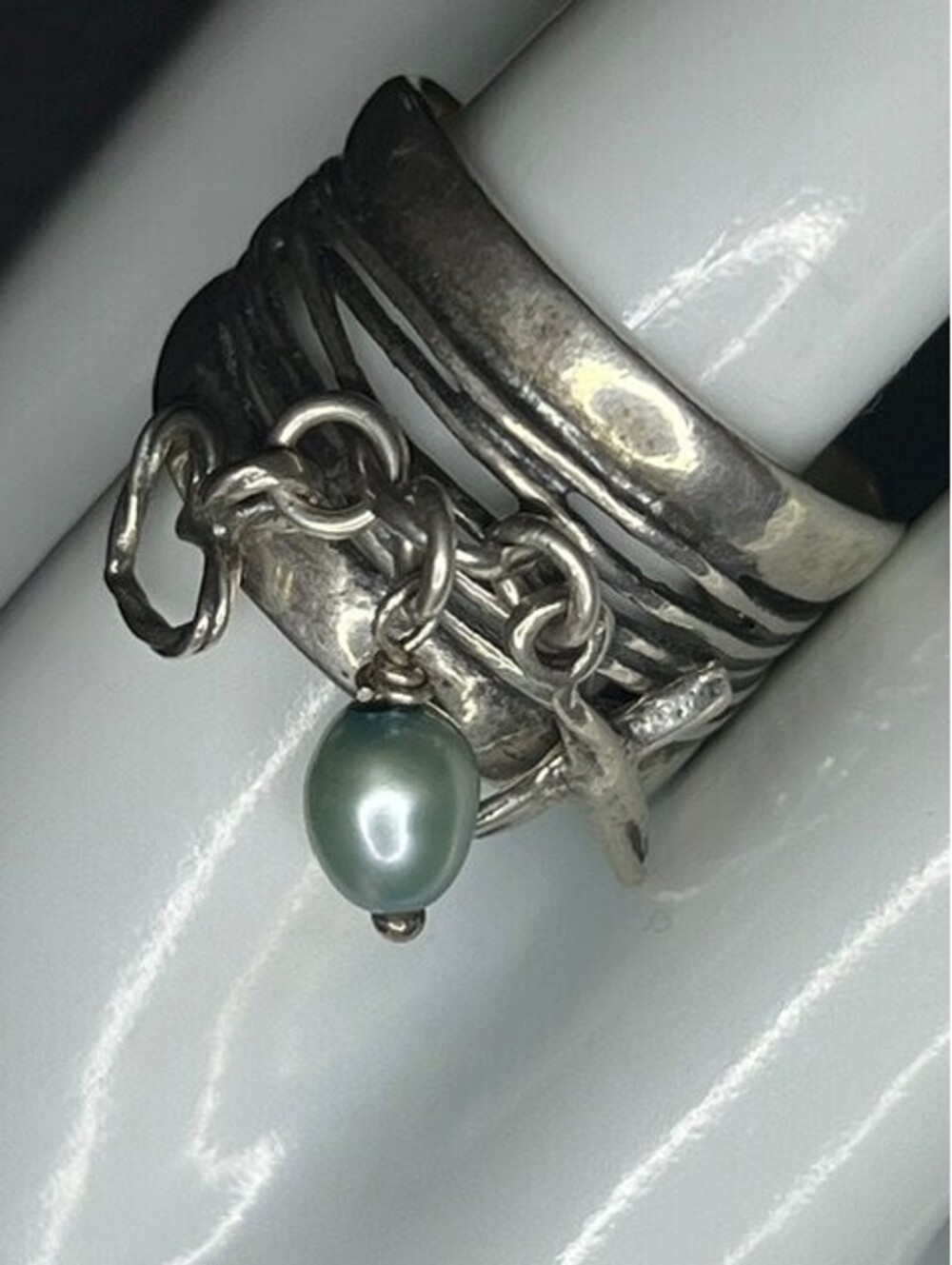 B7353 DIDAE Shablool Israel Sterling Silver 925 Charm Ring Cross Pearl 7.6g sz 9